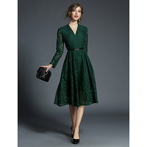 

Women's A Line Dress Midi Dress Green Long Sleeve Solid Colored Lace Fall V Neck Streetwear Boho Going out Lace S M L XL XXL