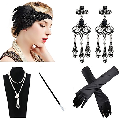 

The Great Gatsby Charleston 1920s The Great Gatsby Roaring 20s Costume Accessory Sets Flapper Headband Women's Tassel Costume Head Jewelry Pearl Necklace Black / Golden / Black & White Vintage Cosplay