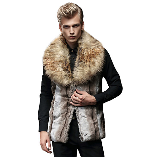 

Men's Fur Coats Color Block Fur Trim Winter Notch lapel collar Vest Daily Faux Fur Coat Tops Brown