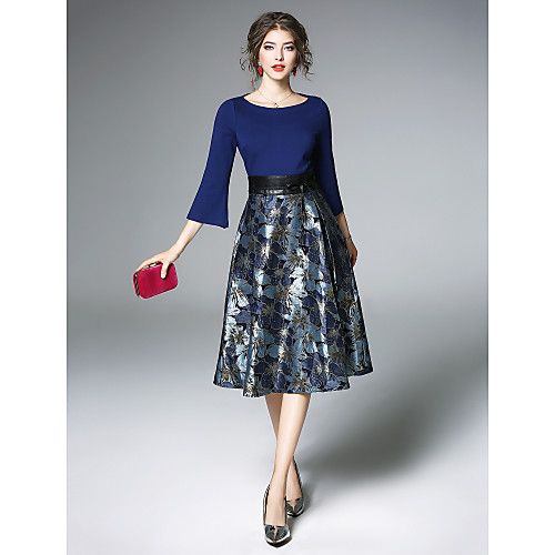 

Women's Sheath Dress Midi Dress Blue Half Sleeve Blue Jacquard Pleated Boat Neck Vintage Sophisticated Party Split S M L XL XXL