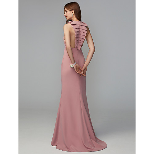 

Fit & Flare Jewel Neck Midi / Sweep / Brush Train Jersey Bridesmaid Dress with Draping / Open Back