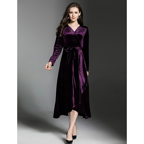 

Women's Swing Dress Midi Dress Black Purple Long Sleeve Solid Colored Fall Winter V Neck Streetwear Party Velvet Velvet S M L XL XXL