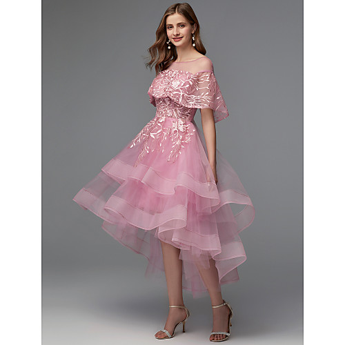 

A-Line Elegant High Low Holiday Cocktail Party Prom Dress Illusion Neck Sleeveless Asymmetrical Lace Tulle with Lace Insert 2021