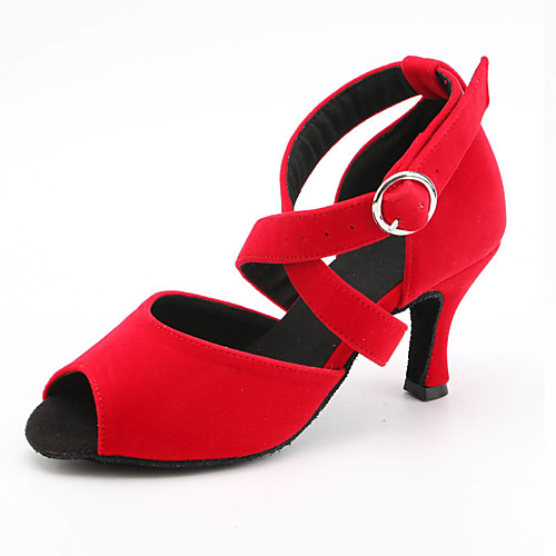 

Women's Dance Shoes Satin Latin Shoes Buckle Sandal / Sneaker Slim High Heel Customizable Black / Light Red / Blue / Performance / Leather