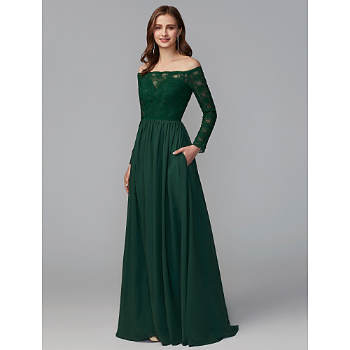 

A-Line Off Shoulder Floor Length Chiffon / Lace Bridesmaid Dress with Lace