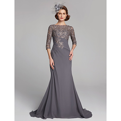 

Sheath / Column Mother of the Bride Dress Elegant Plus Size See Through Bateau Neck Sweep / Brush Train Chiffon Lace 3/4 Length Sleeve with Crystals 2020
