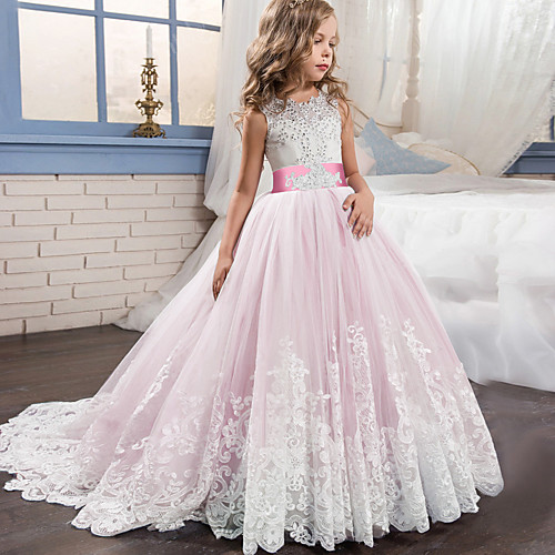 

Princess Sweep / Brush Train / Long Length Wedding / Party / Pageant Flower Girl Dresses - Lace / Tulle Sleeveless Jewel Neck with Belt / Appliques