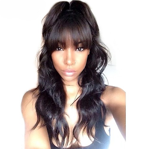 

Remy Human Hair 360 Frontal Wig With Bangs Kardashian style Brazilian Hair Body Wave Wig 180% Density 10-22 inch Natural Hairline African American Wig For Black Women With Bangs With Bleached Knots