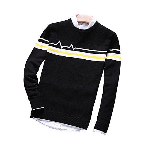 

Men's Striped Solid Colored Pullover Cotton Long Sleeve Regular Sweater Cardigans Round Neck Fall Winter Black Royal Blue Light gray