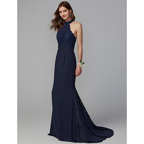 

Mermaid / Trumpet High Neck Sweep / Brush Train Chiffon / Lace Bridesmaid Dress with Lace / Buttons