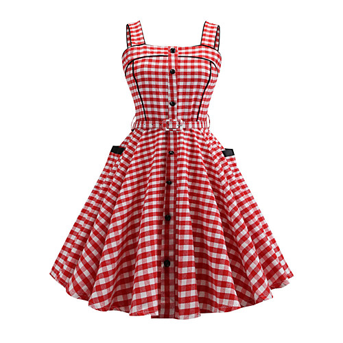 

Audrey Hepburn Country Girl Plaid Retro Vintage 1950s Wasp-Waisted Dress Masquerade Women's Costume Pink Vintage Cosplay School Office Festival Sleeveless Medium Length A-Line