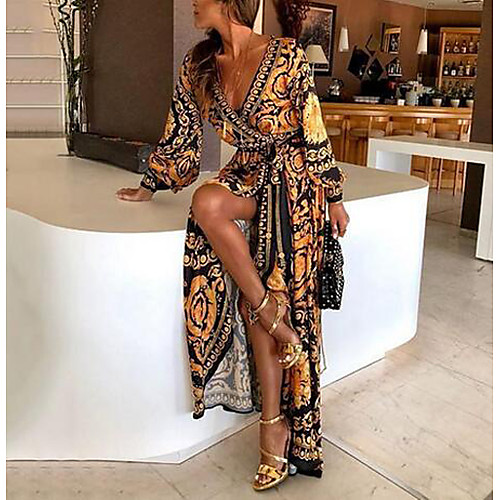 

Women's T Shirt Dress - Long Sleeve Floral Floral Print Deep V Party / Evening Party Sexy Party Party Evening Daily Orange S M L XL / Maxi / Beach / Cotton