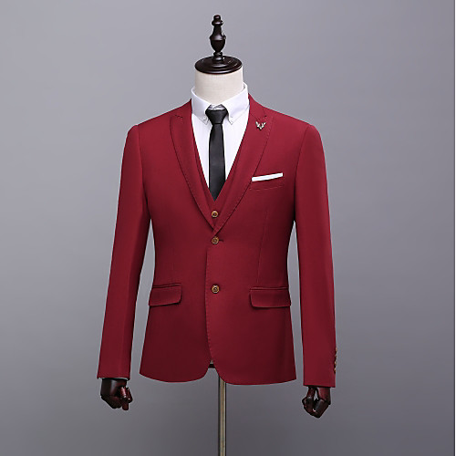 

Solid Colored Tailored Fit Polyester Suit - Slim Peak Single Breasted Two-buttons / Suits