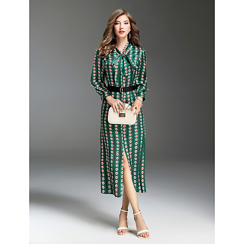 

Women's Swing Dress Midi Dress Green Long Sleeve Multi Color Print Fall Shirt Collar Streetwear Going out Slim S M L XL