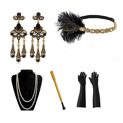 

The Great Gatsby Charleston Vintage 1920s The Great Gatsby Roaring 20s Costume Accessory Sets Gloves Headpiece Flapper Headband Women's Tassel Fringe Costume Head Jewelry Earrings GoldenBlack