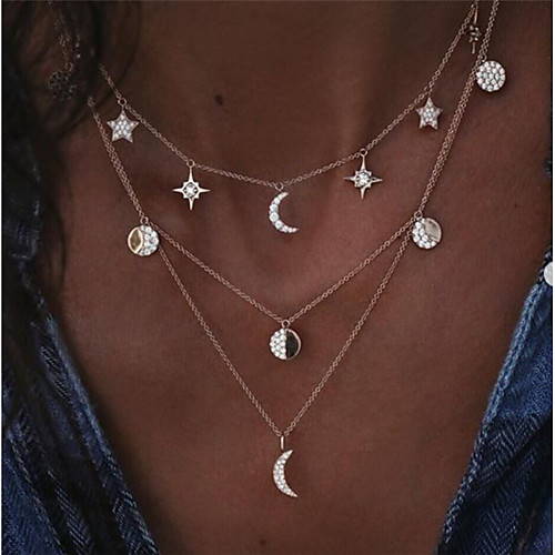 

Women's Clear Layered Necklace Layered Floating Moon Star Crescent Moon North Star Ladies Artistic Geometric Trendy Alloy Gold Silver 40 cm Necklace Jewelry 1pc For Daily Masquerade