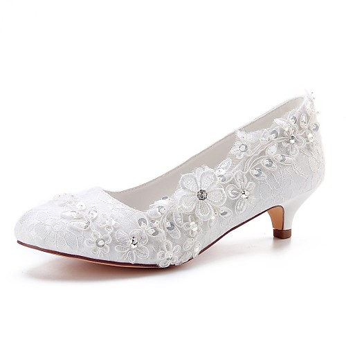 

Women's Satin Spring & Fall Wedding Shoes Kitten Heel Round Toe Crystal / Pearl Ivory / Party & Evening