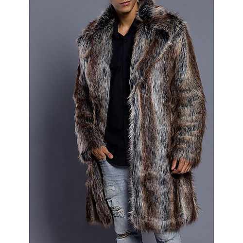 

Men's Daily Luxury / Basic Winter Long Fur Coat, Striped Turndown Long Sleeve Faux Fur Brown