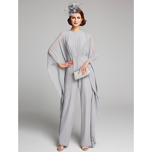 

Pantsuit / Jumpsuit Mother of the Bride Dress Jewel Neck Floor Length Chiffon Long Sleeve with Ruching 2021