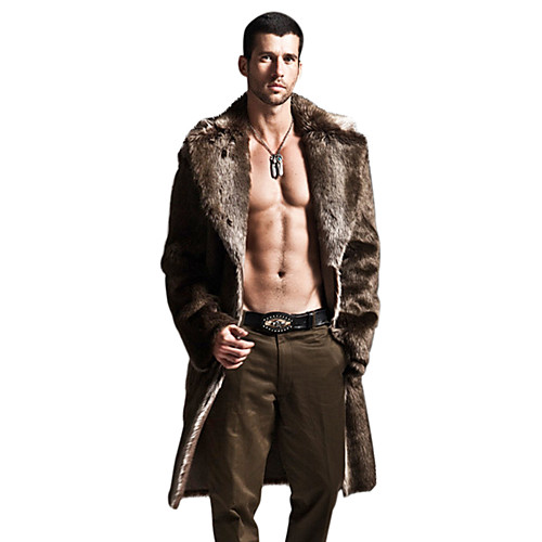 

Men's Sophisticated Winter Long Coat, Solid Colored Notch Lapel Long Sleeve Faux Fur Black / Light Brown / Khaki