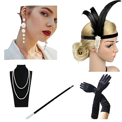 

The Great Gatsby Charleston 1920s The Great Gatsby Flapper Headband Women's Tassel Costume Head Jewelry Pearl Necklace Black / Golden / Black & White Vintage Cosplay / Gloves / Earrings / Gloves