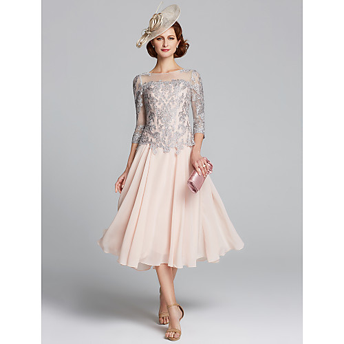 

A-Line Mother of the Bride Dress Sexy Plus Size Jewel Neck Tea Length Chiffon Lace 3/4 Length Sleeve with Beading 2020