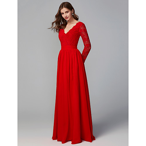 

A-Line V Neck Floor Length Chiffon / Lace Bridesmaid Dress with Lace