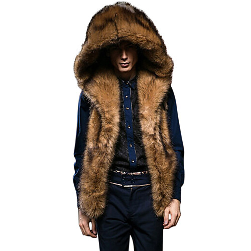 

Men's Daily Winter Regular Fur Coat, Solid Colored Hoodie Sleeveless Faux Fur Brown