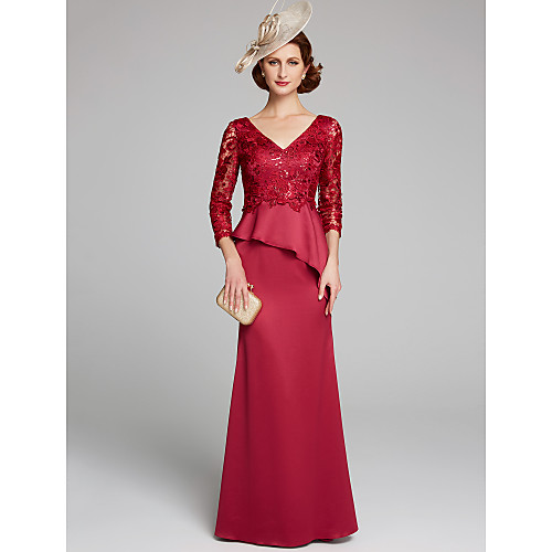 

Sheath / Column Mother of the Bride Dress V Neck Floor Length Lace Satin 3/4 Length Sleeve with Lace Ruffles 2021