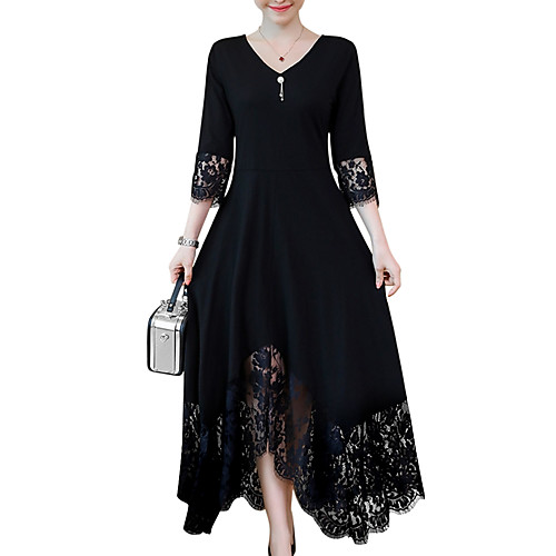 

Women's Plus Size Maxi Black A Line Dress - Long Sleeve Solid Colored Lace Trims Spring Fall V Neck Daily Black L XL XXL XXXL XXXXL XXXXXL XXXXXXL
