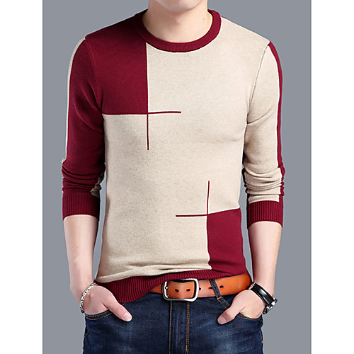 

Men's Daily / Weekend Jacquard Long Sleeve Flare Sleeve Regular Cashmere Sweater Jumper, Round Neck Spring Wool Black / Red M / L / XL