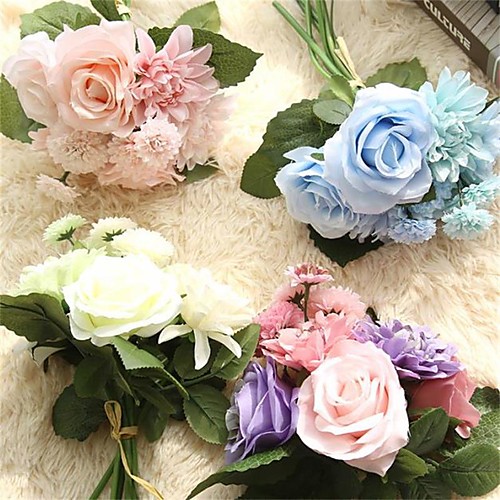 

8 Bunch Silk Flower Wedding Bouquet Roses Dahlias Artificial Flowers Fall Vivid Fake Leaf Wedding Flower Bridal Bouquets Decoration