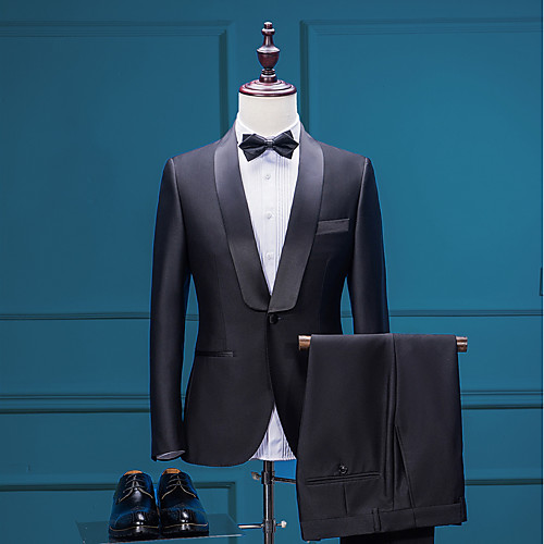 

Solid Colored Tailored Fit Polyester Suit - Shawl Collar Single Breasted One-button / Suits