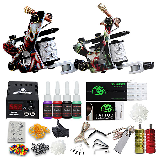 

DRAGONHAWK Tattoo Machine Starter Kit - 2 pcs Tattoo Machines with 4 x 5 ml tattoo inks, All in One, Safety, Easy to Install Alloy LCD power supply Case Not Included 2 alloy machine liner & shader