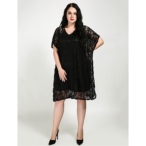 

Women's Plus Size Black Dress Fall Party Loose Solid Colored Batwing Sleeve Lace L XL Loose / Cotton