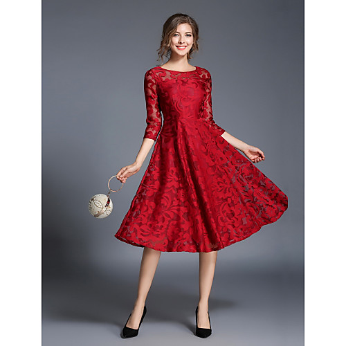 

Women's Sheath Dress Midi Dress Blue Red 3/4 Length Sleeve Jacquard Fall Winter Round Neck Streetwear Party S M L XL XXL