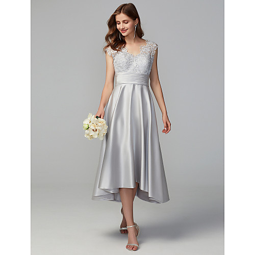 

A-Line V Neck Asymmetrical Lace / Satin Bridesmaid Dress with Lace