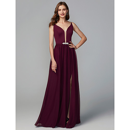 

A-Line Y Neck Floor Length Chiffon Bridesmaid Dress with Split Front / Crystal Brooch