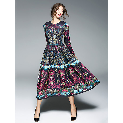 

Women's Swing Dress Maxi long Dress Black Long Sleeve Solid Colored Round Neck Chinoiserie Going out Floral S M L XL XXL
