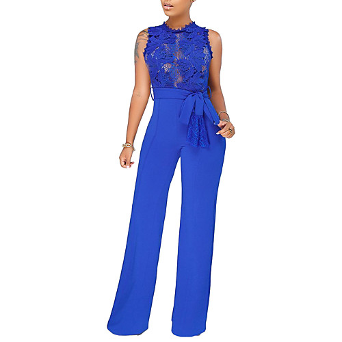 

Women's Basic Streetwear Daily Going out Black Blue Wine Jumpsuit Solid Colored Lace Trims