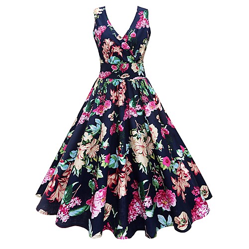 

Women's Plus Size A Line Dress - 3/4 Length Sleeve Floral Print Spring Summer V Neck 1950s Vintage Party Going out Blue S M L XL XXL XXXL XXXXL XXXXXL / Sexy / Cotton