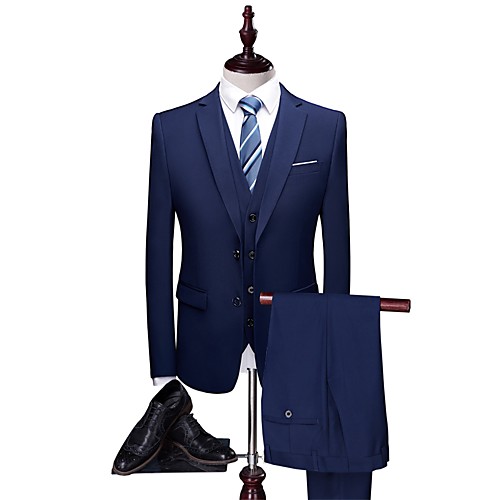 

Dark Navy Solid Colored Tailored Fit Polyester Suit - Notch Single Breasted Two-buttons / Suits