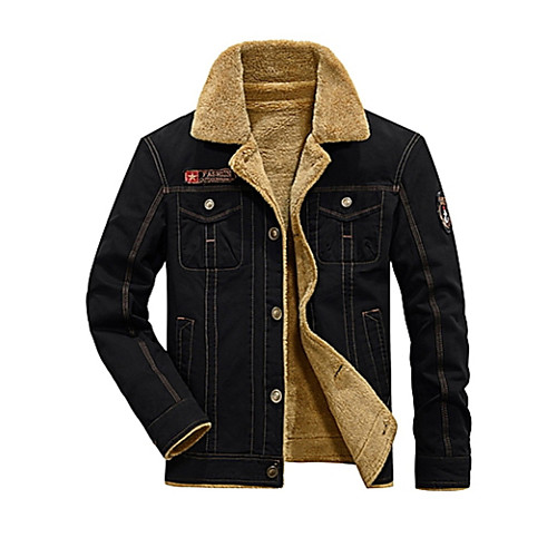 

Men's Daily Basic Winter Regular Jacket, Solid Colored Fold-over Collar Long Sleeve Faux Fur / Polyester Black / Green / Khaki