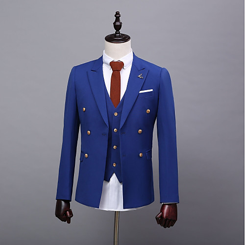 

Solid Colored Tailored Fit Polyester Suit - Peak Double Breasted Six-buttons / Suits