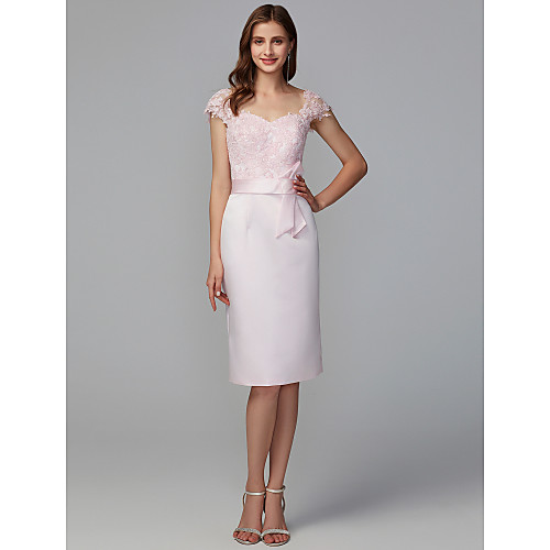 

Sheath / Column Sweetheart Neckline Knee Length Lace / Satin Bridesmaid Dress with Lace / Bow(s)