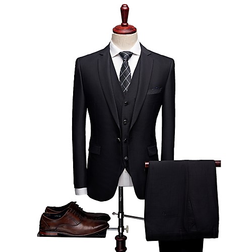 

Black Patterned Tailored Fit Wool / Polyster Suit - Notch Single Breasted One-button / Single Breasted Two-buttons / Suits