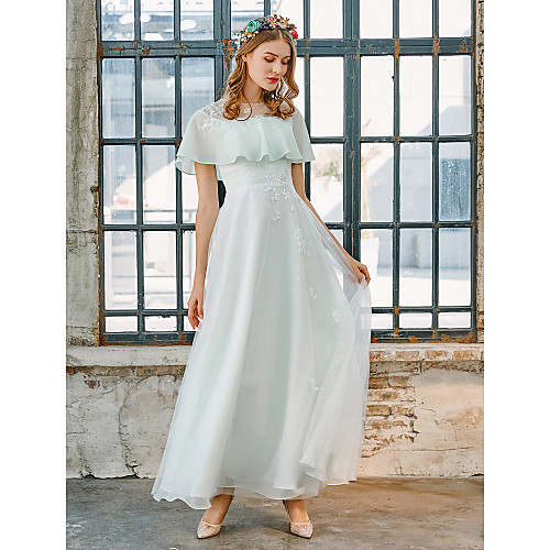 

A-Line Jewel Neck Floor Length Chiffon Bridesmaid Dress with Appliques / Lace / Ruffles