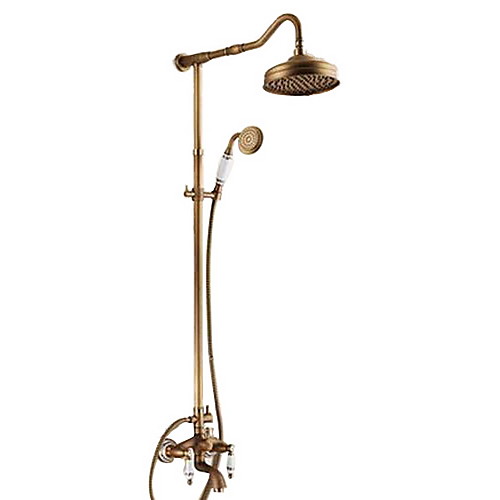 

Retro Vintage Shower Faucet, Brass Oil-rubbed Bronze Rainfall Two Handles Three Holes Shower System Contain with Rain Shower/Shower Arm/Handshower/Supply Lines and Hot/Cold Water