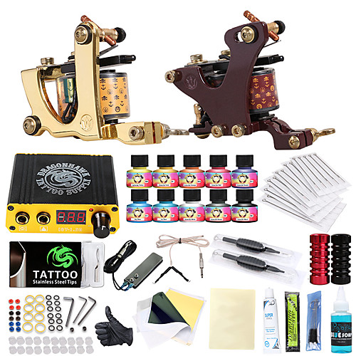 

Tattoo Machine Starter Kit - 2 pcs Tattoo Machines with 10 x 5 ml tattoo inks LCD power supply Case Not Included 2 cast iron machine