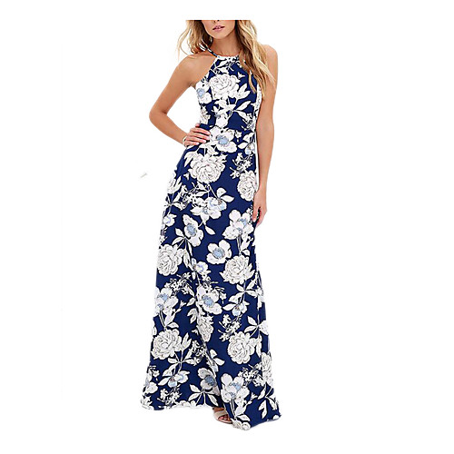 

Women's Strap Dress Maxi long Dress Blue Sleeveless Floral Backless Summer Boho Cotton Boho Bohemia Beach S M L XL